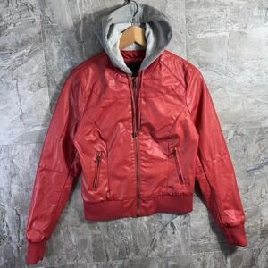 Ci Sono Red faux leather bomber jacket with hood Woman's Size M #bomberjacket